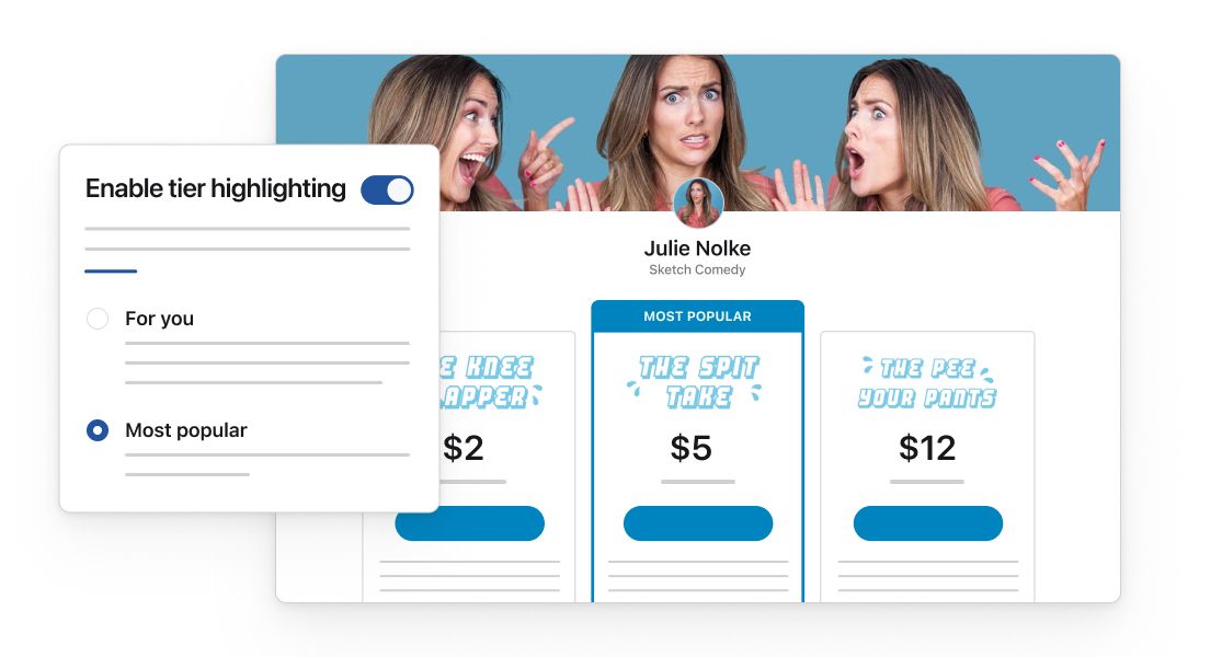 Illustration of tier highlighting feature on Julie Nolke's Patreon page