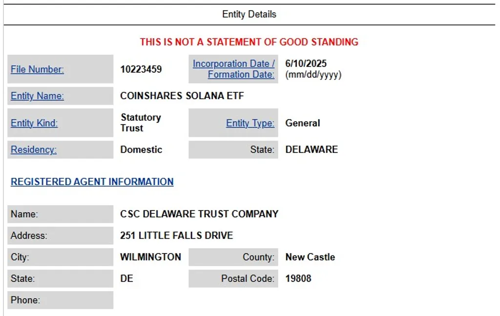 CoinShares Establishes Delaware Entity for Proposed Solana ETF