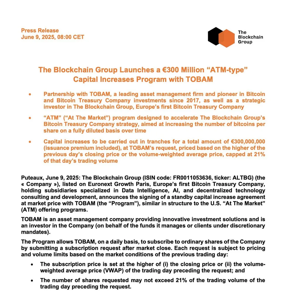 비트코인 국고 전략 본격화… 프랑스 The Blockchain Group, 3억 유로 조달 나서