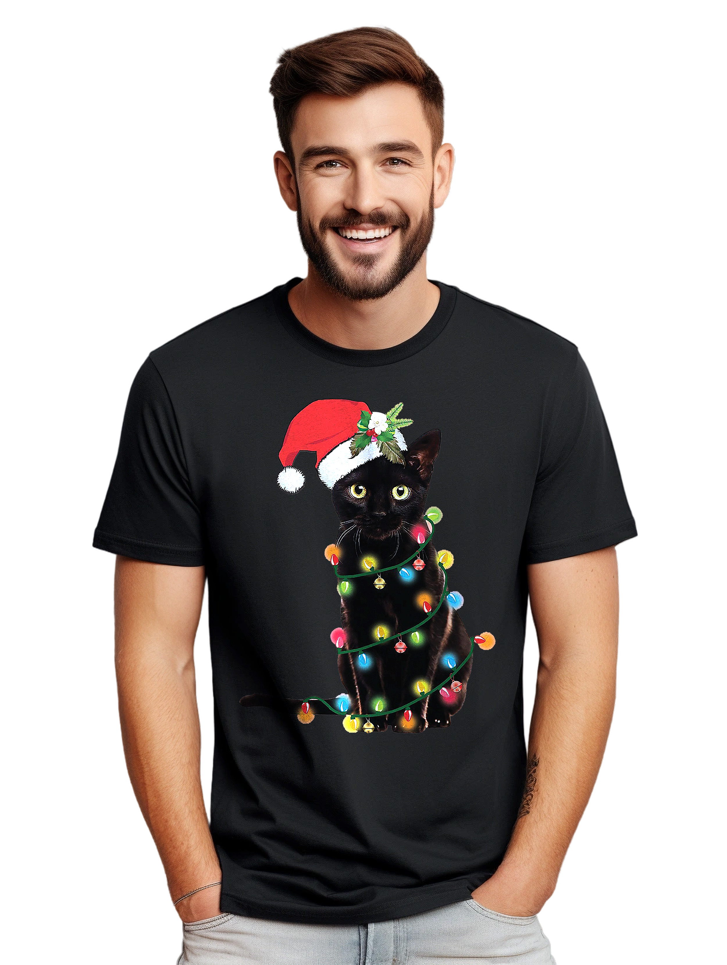 Katze-Weihnachten-Lichter T-Shirt-Miau-Weihnachten! Lustiges T-Shirt, Unisex bedruckt D - Bild 21 von 45