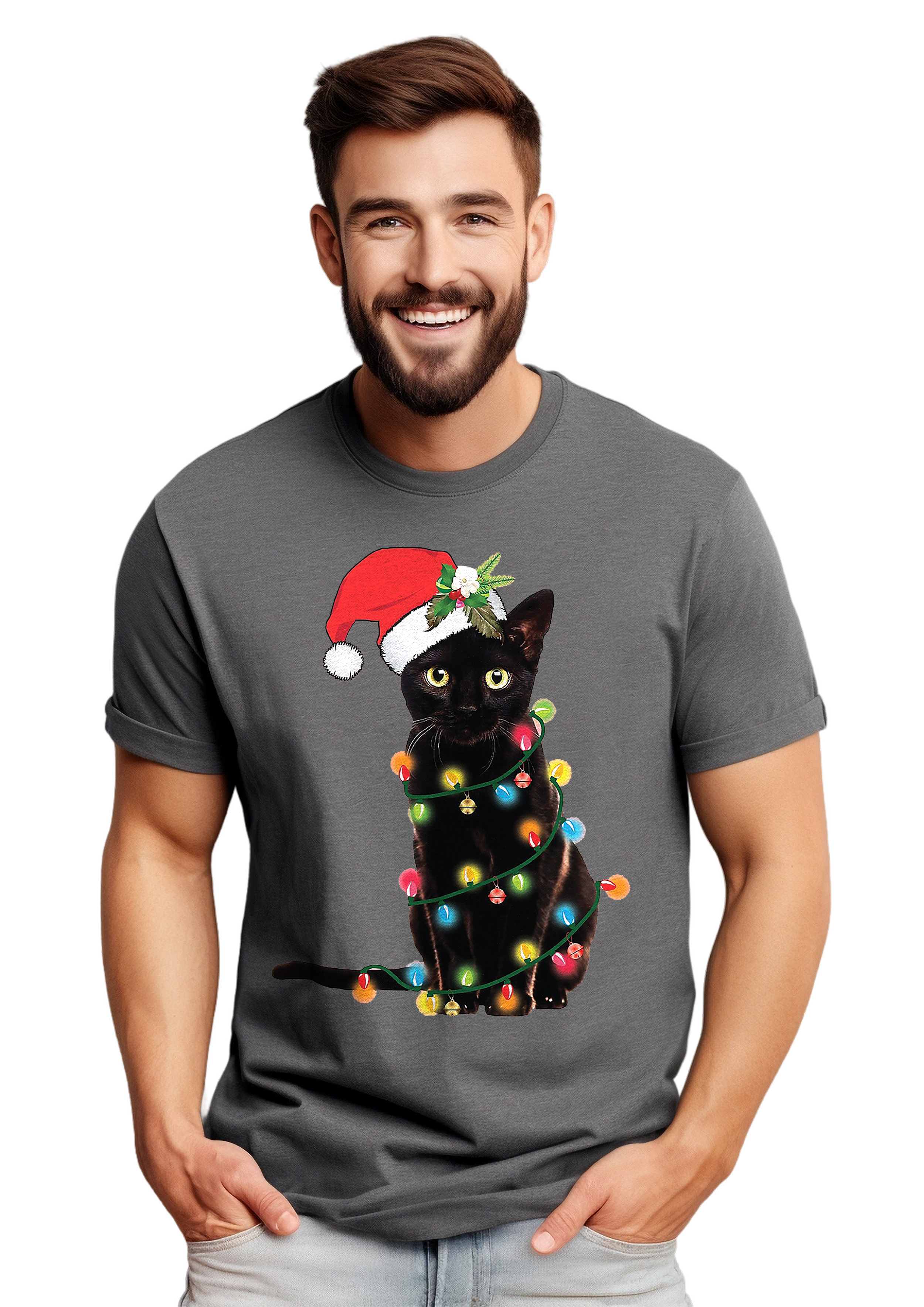Katze-Weihnachten-Lichter T-Shirt-Miau-Weihnachten! Lustiges T-Shirt, Unisex bedruckt D - Bild 26 von 45