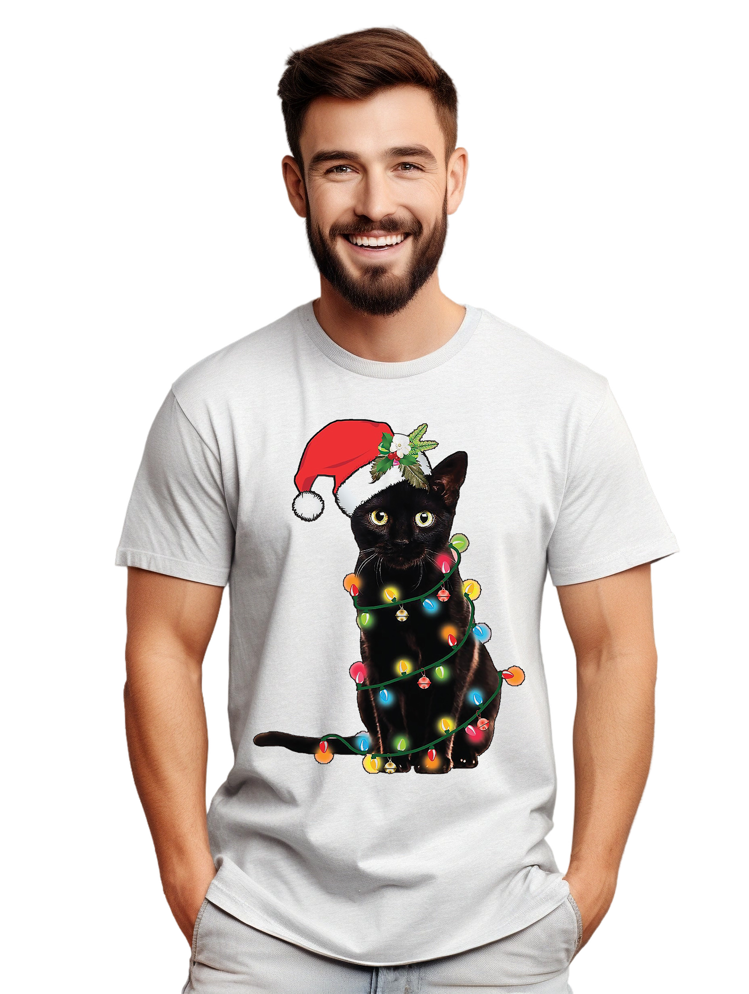 Katze-Weihnachten-Lichter T-Shirt-Miau-Weihnachten! Lustiges T-Shirt, Unisex bedruckt D - Bild 30 von 45
