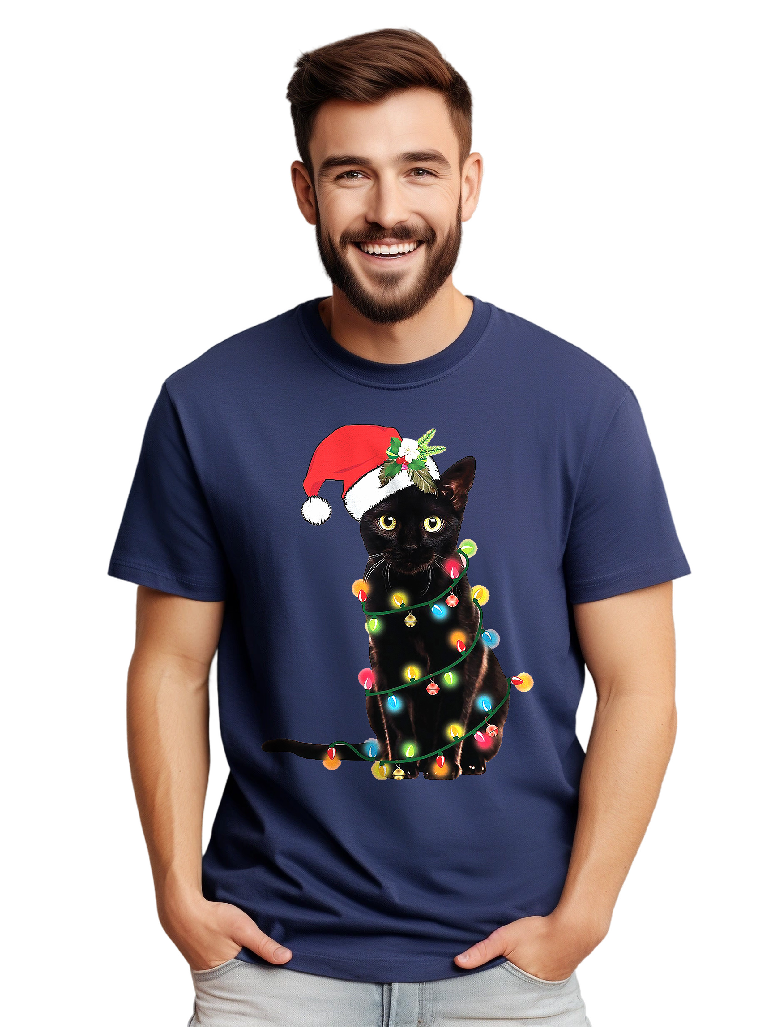 Katze-Weihnachten-Lichter T-Shirt-Miau-Weihnachten! Lustiges T-Shirt, Unisex bedruckt D - Bild 34 von 45