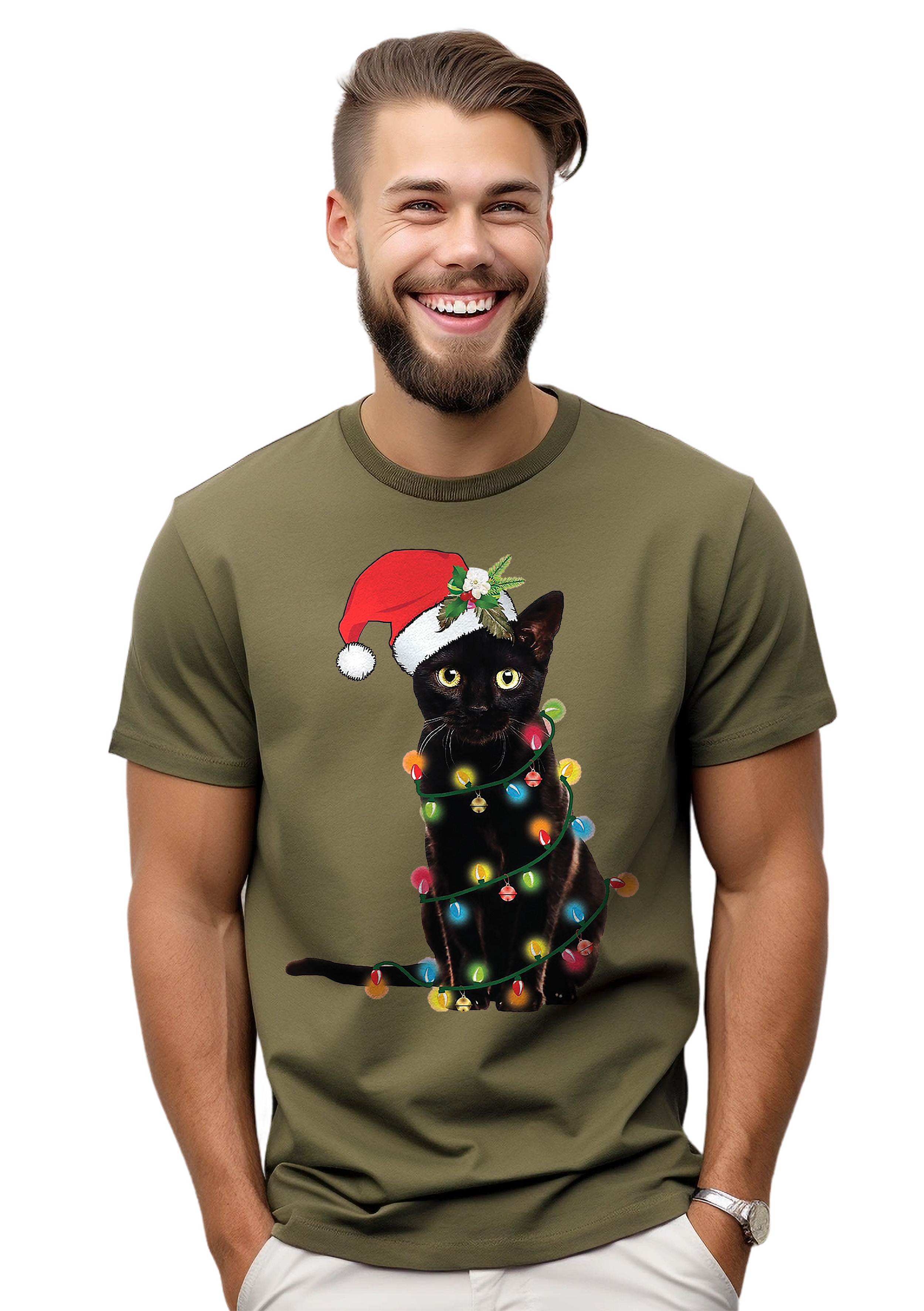 Katze-Weihnachten-Lichter T-Shirt-Miau-Weihnachten! Lustiges T-Shirt, Unisex bedruckt D - Bild 38 von 45