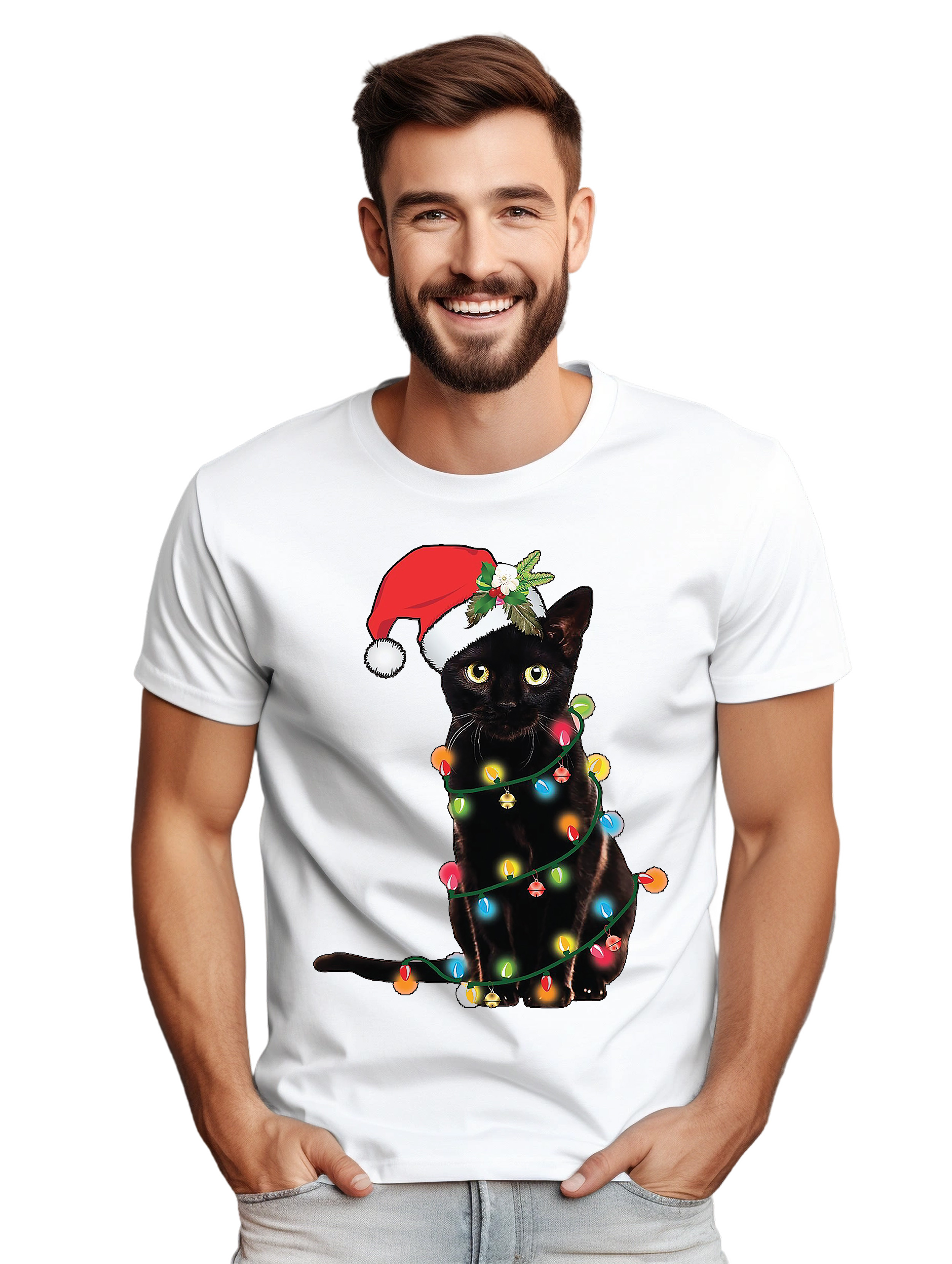 Katze-Weihnachten-Lichter T-Shirt-Miau-Weihnachten! Lustiges T-Shirt, Unisex bedruckt D - Bild 42 von 45