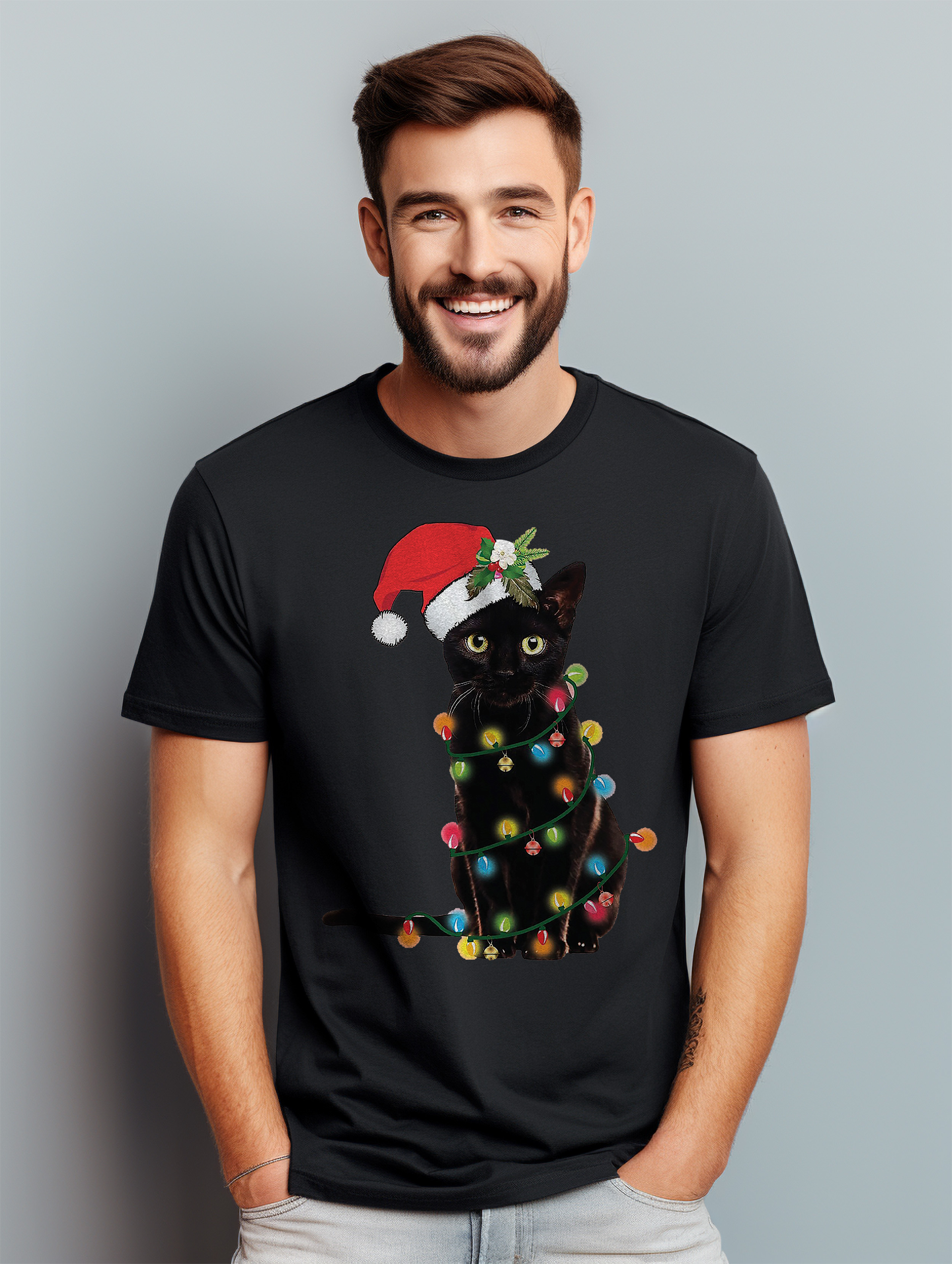 Katze-Weihnachten-Lichter T-Shirt-Miau-Weihnachten! Lustiges T-Shirt, Unisex bedruckt D - Bild 22 von 45