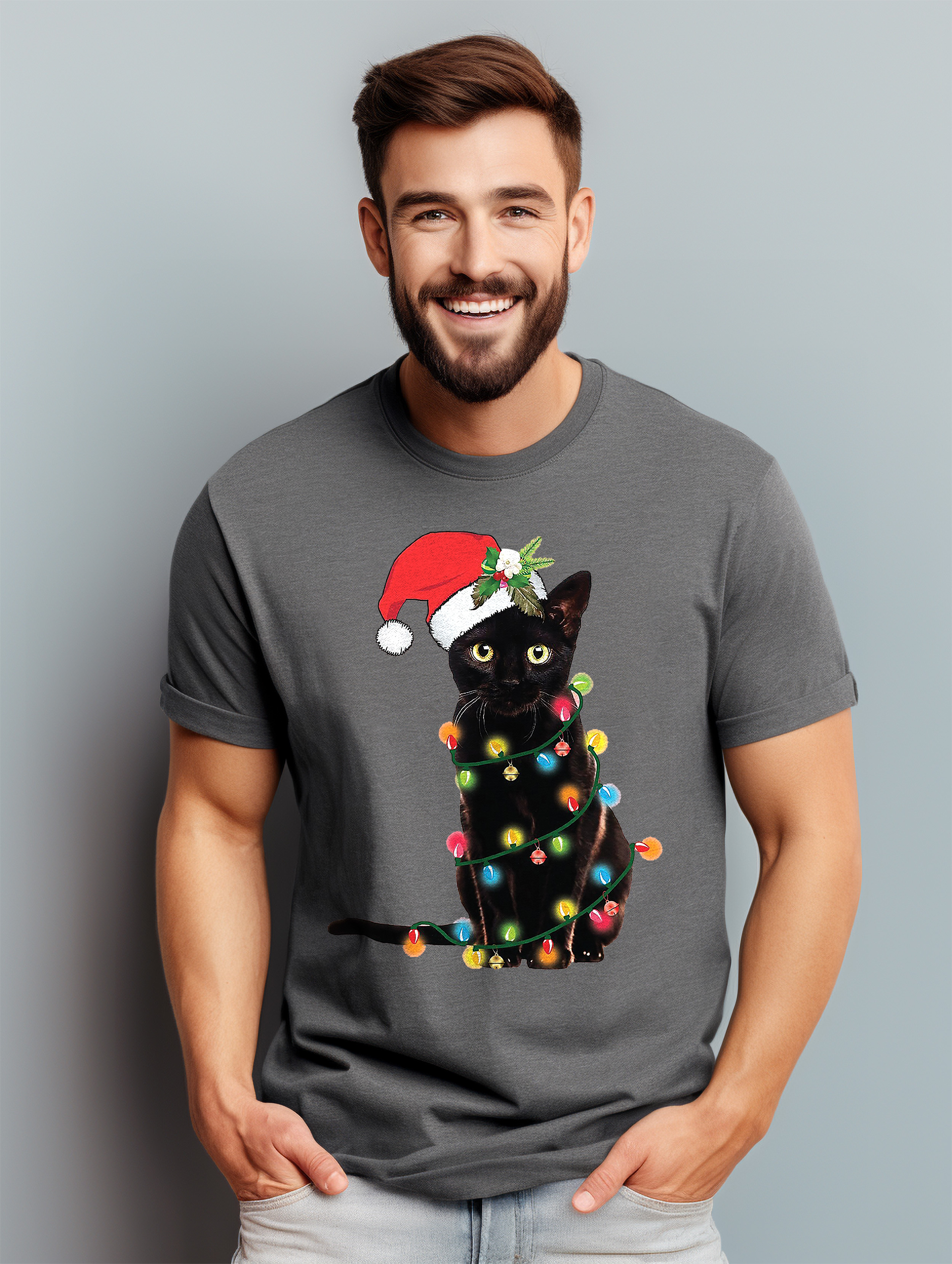 Katze-Weihnachten-Lichter T-Shirt-Miau-Weihnachten! Lustiges T-Shirt, Unisex bedruckt D - Bild 27 von 45