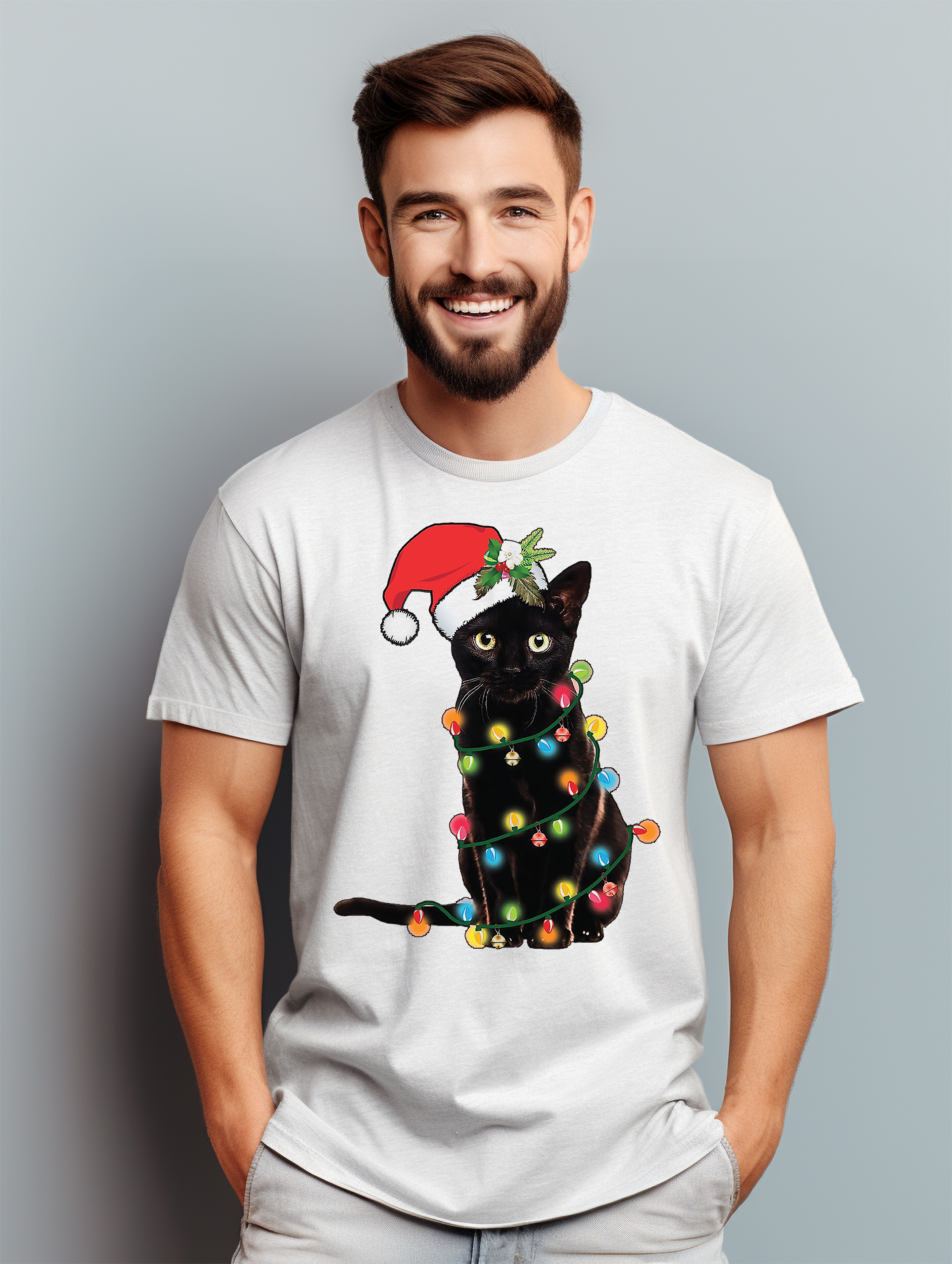 Katze-Weihnachten-Lichter T-Shirt-Miau-Weihnachten! Lustiges T-Shirt, Unisex bedruckt D - Bild 31 von 45