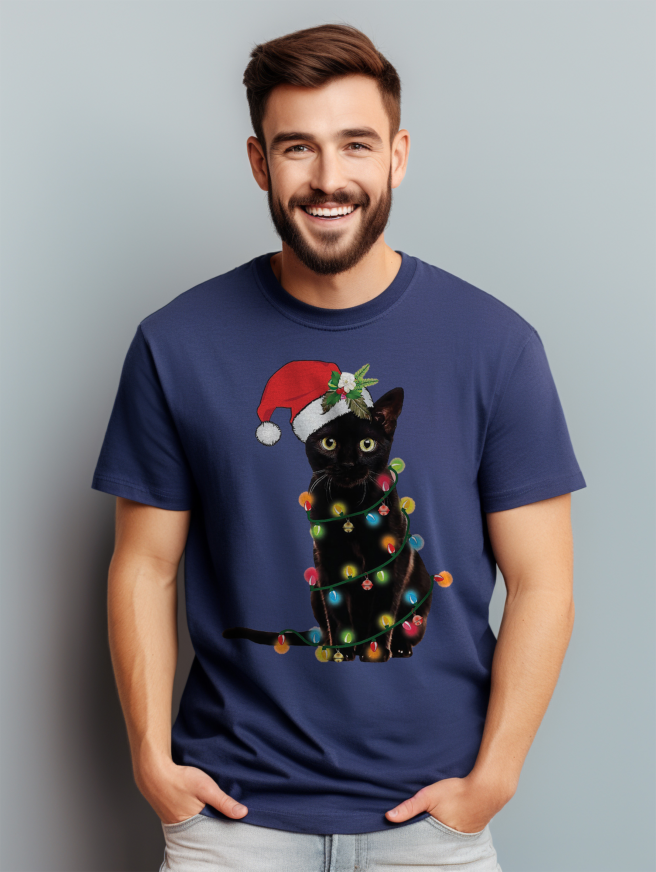 Katze-Weihnachten-Lichter T-Shirt-Miau-Weihnachten! Lustiges T-Shirt, Unisex bedruckt D - Bild 35 von 45