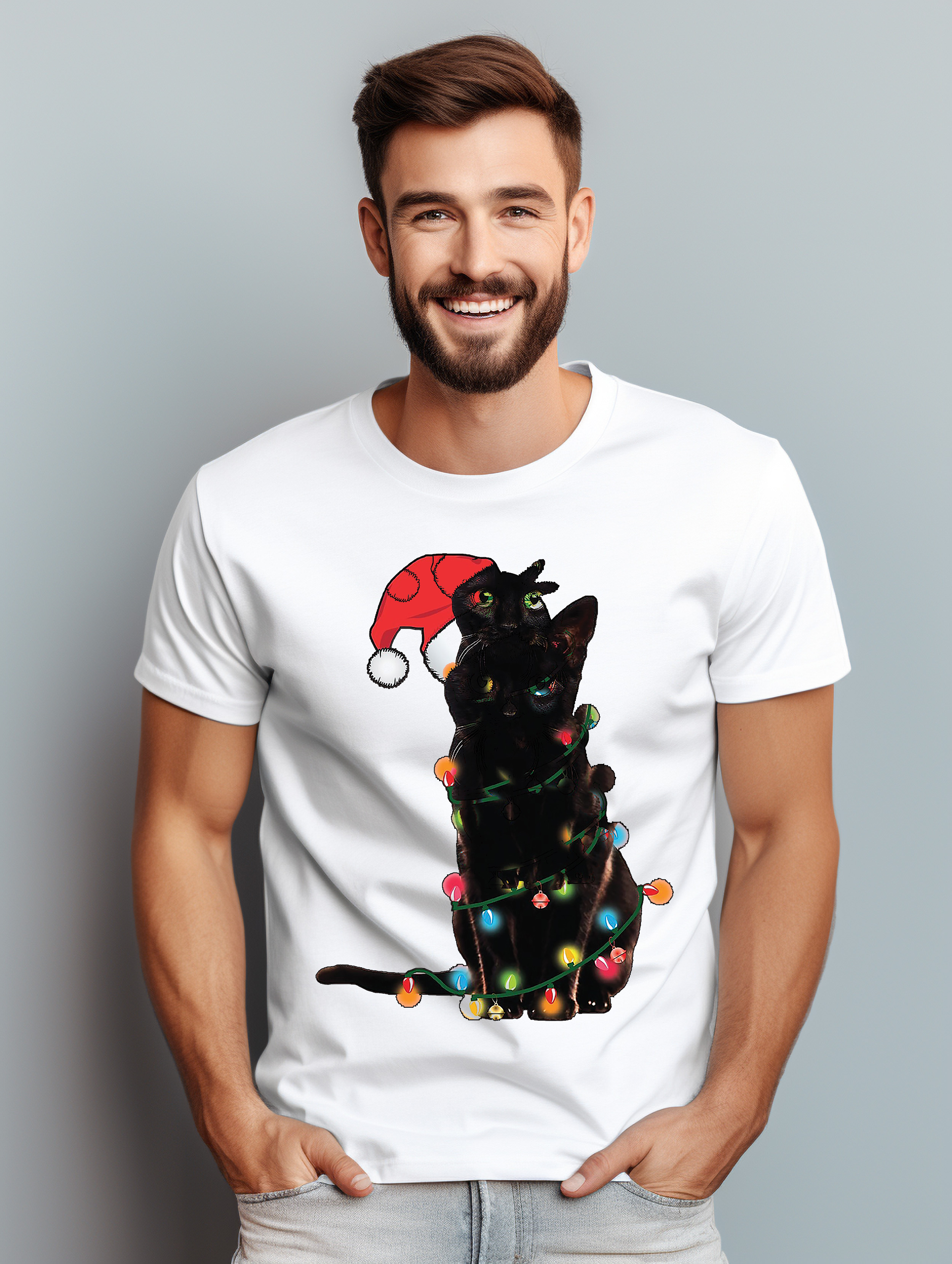 Katze-Weihnachten-Lichter T-Shirt-Miau-Weihnachten! Lustiges T-Shirt, Unisex bedruckt D - Bild 43 von 45
