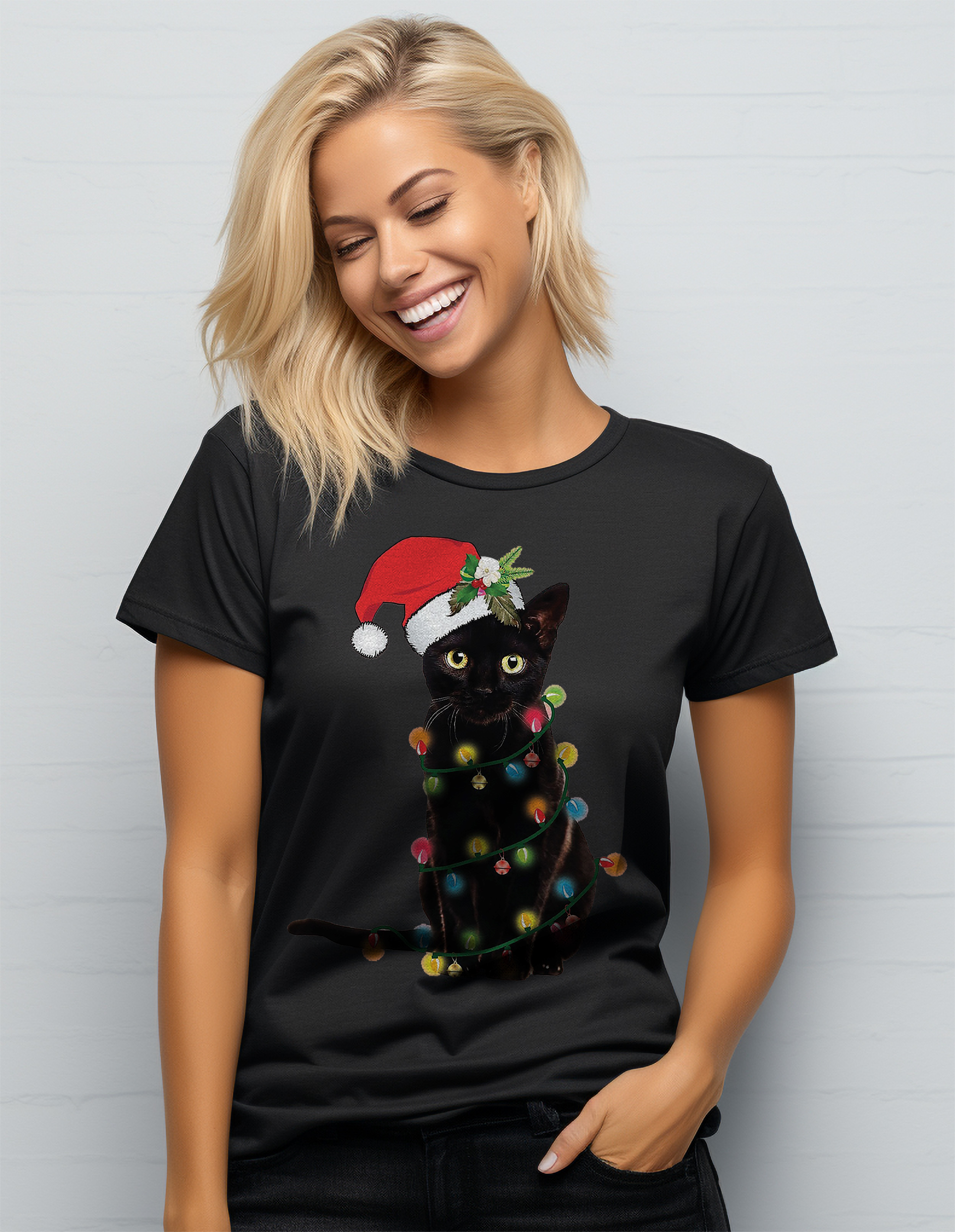 Katze-Weihnachten-Lichter T-Shirt-Miau-Weihnachten! Lustiges T-Shirt, Unisex bedruckt D - Bild 24 von 45