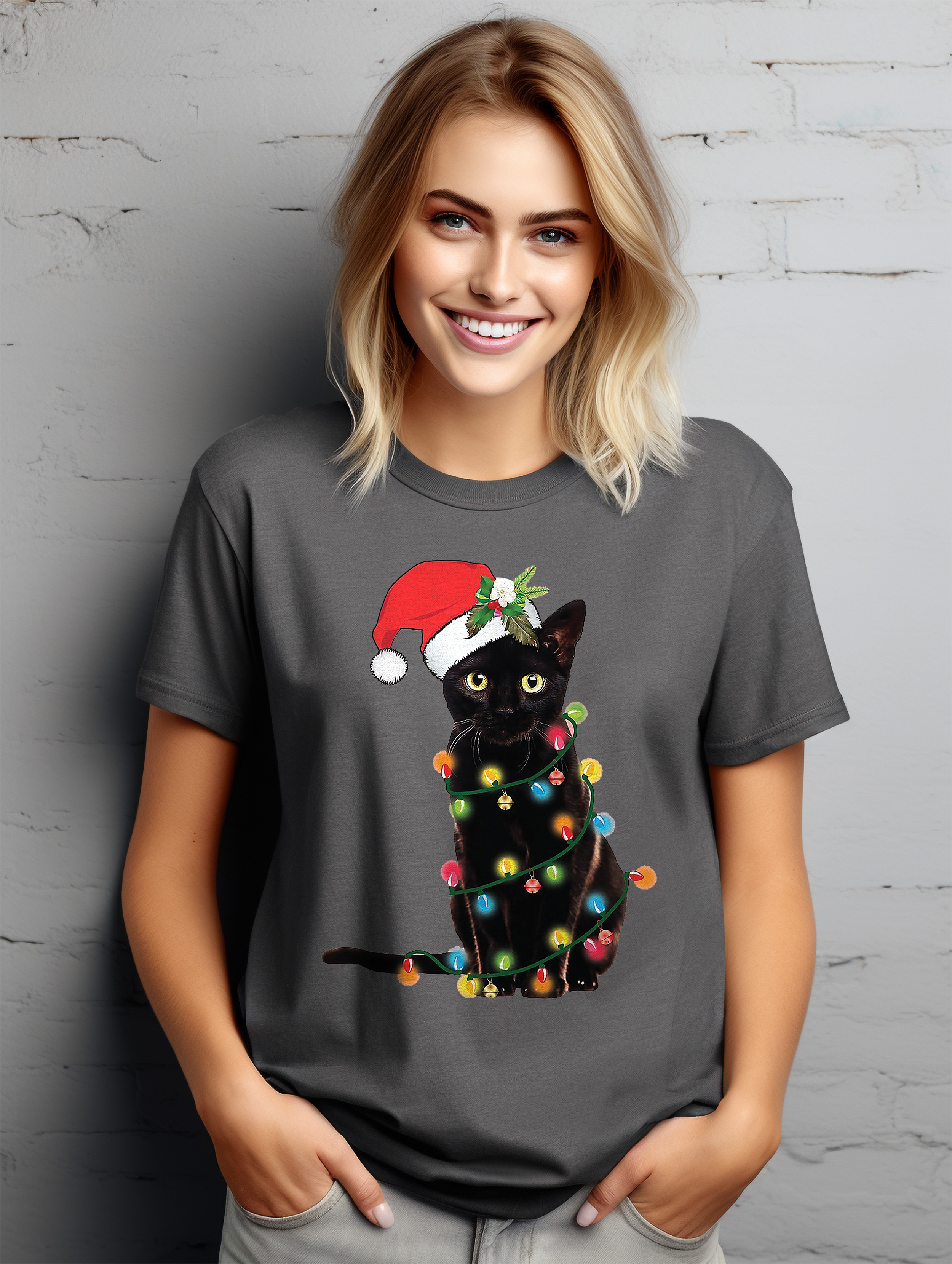 Katze-Weihnachten-Lichter T-Shirt-Miau-Weihnachten! Lustiges T-Shirt, Unisex bedruckt D - Bild 28 von 45