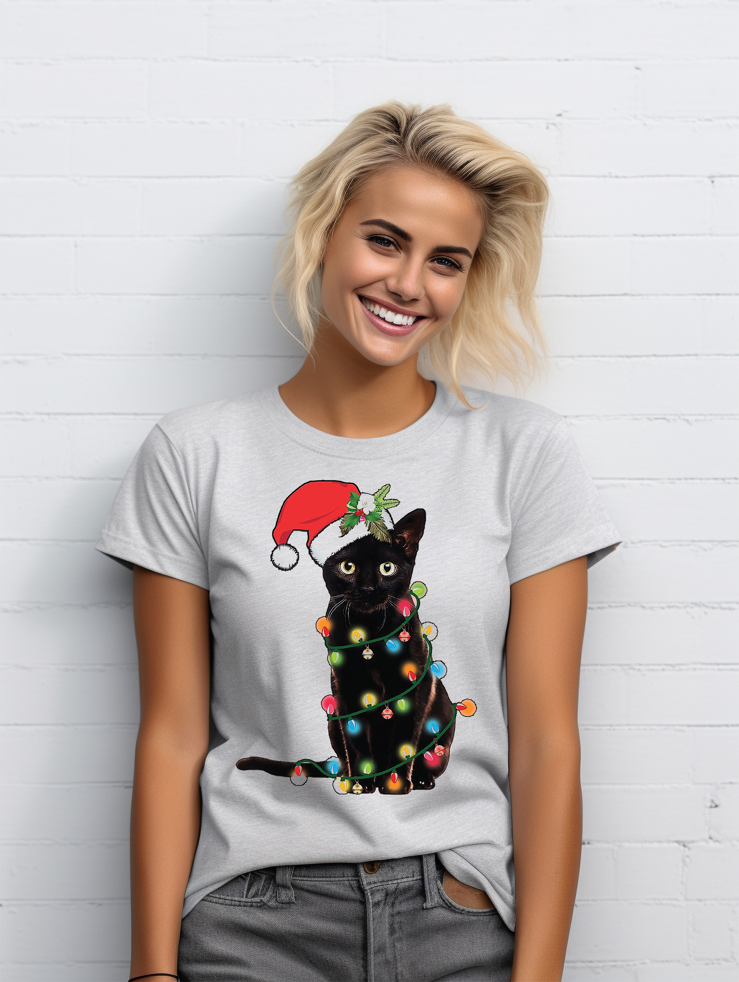 Katze-Weihnachten-Lichter T-Shirt-Miau-Weihnachten! Lustiges T-Shirt, Unisex bedruckt D - Bild 32 von 45