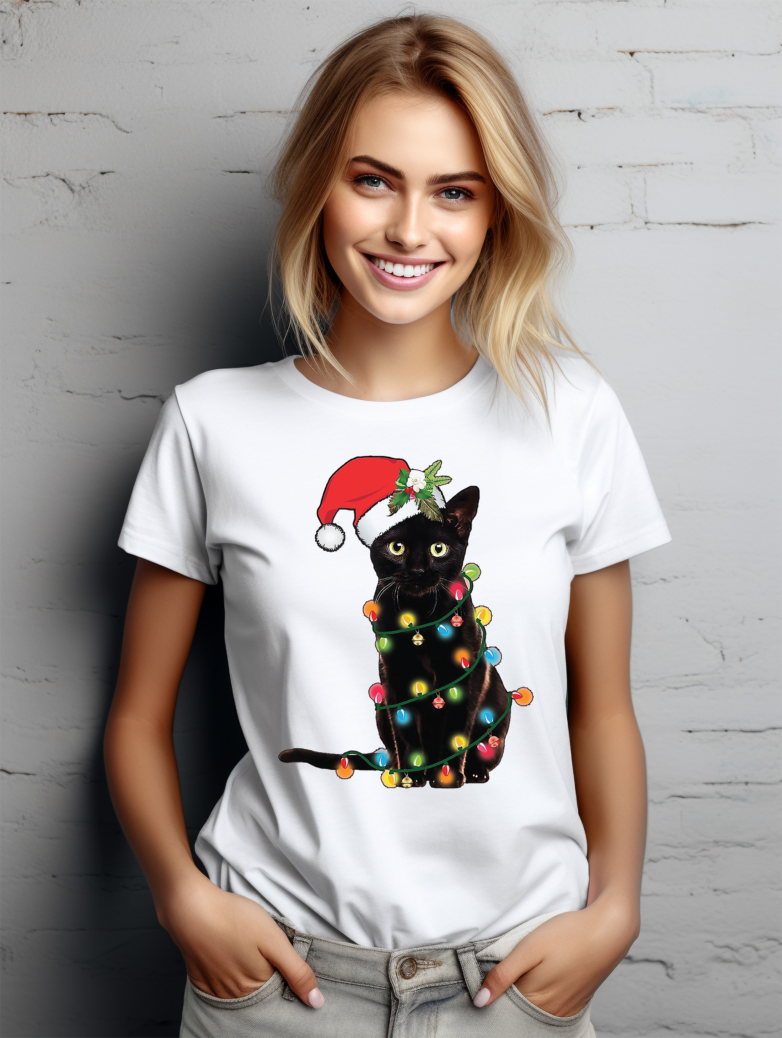 Katze-Weihnachten-Lichter T-Shirt-Miau-Weihnachten! Lustiges T-Shirt, Unisex bedruckt D - Bild 44 von 45