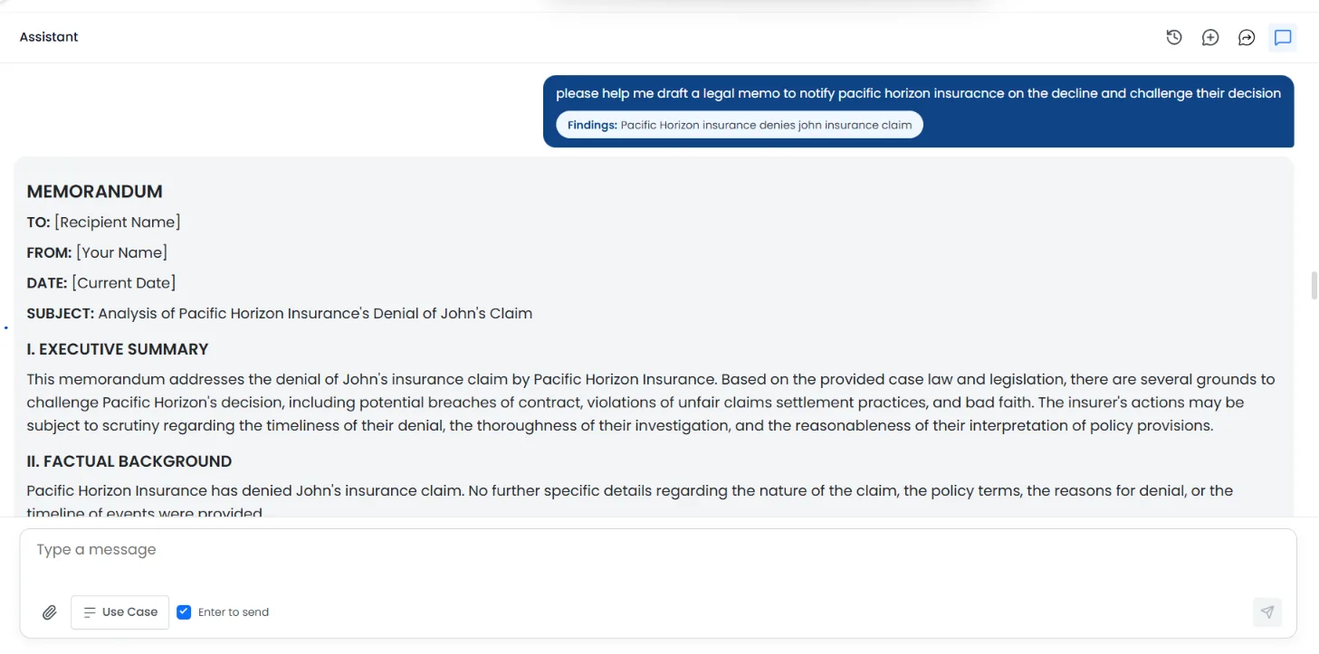 Assistant drafting a legal memorandum with hyperlinked source citations.