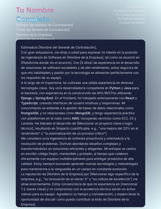 Carta para Ingeniero de Software Senior