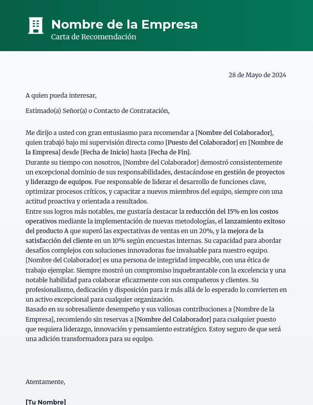 Carta de Recomendación Laboral Profesional