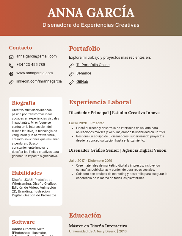 CV Moderno para Diseñador Visual y Creativo