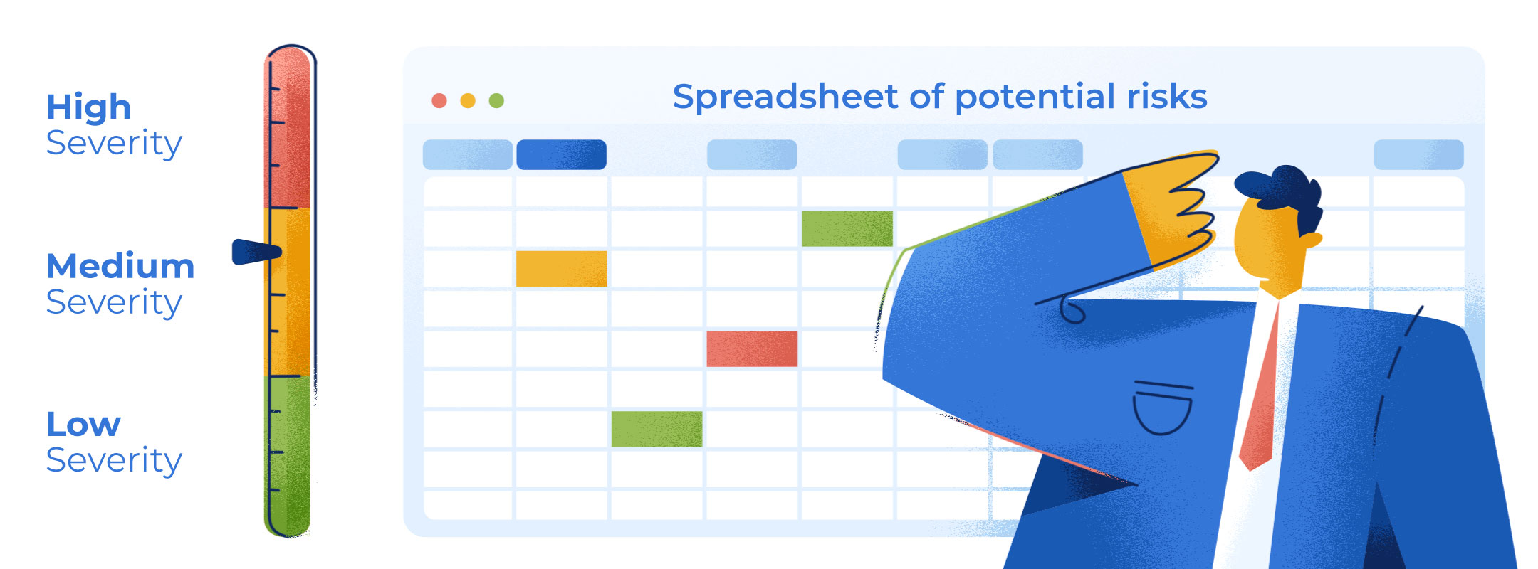 illustrated spreadsheet of potential threats with cartoon man thinking