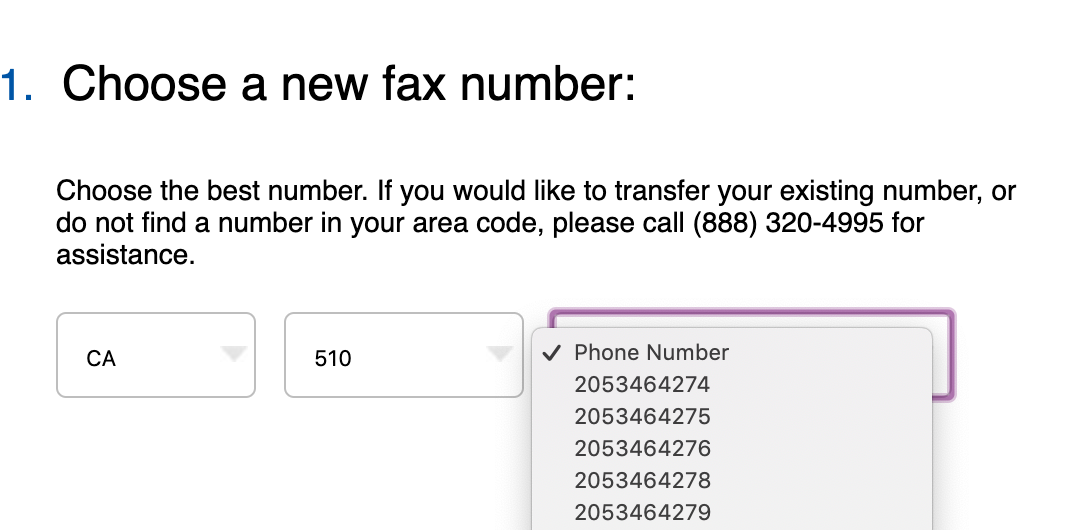 Select a fax phone number to receive fax transmissions without a fax machine.