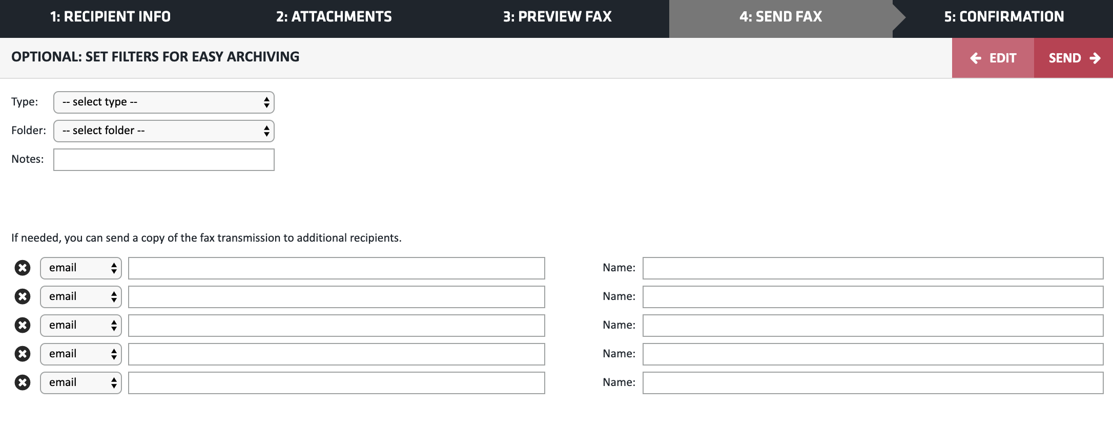 Screenshot showing how to set archiving options and additional fax recipients.