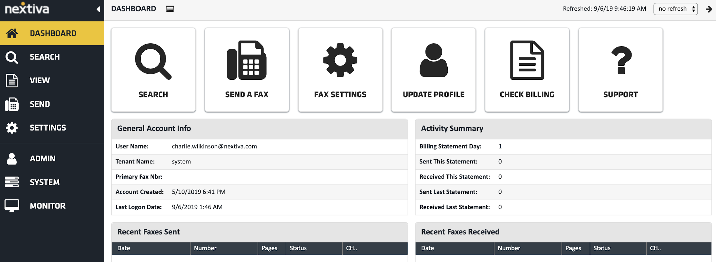 Screenshot of an online fax software to send and receive faxes - Nextiva