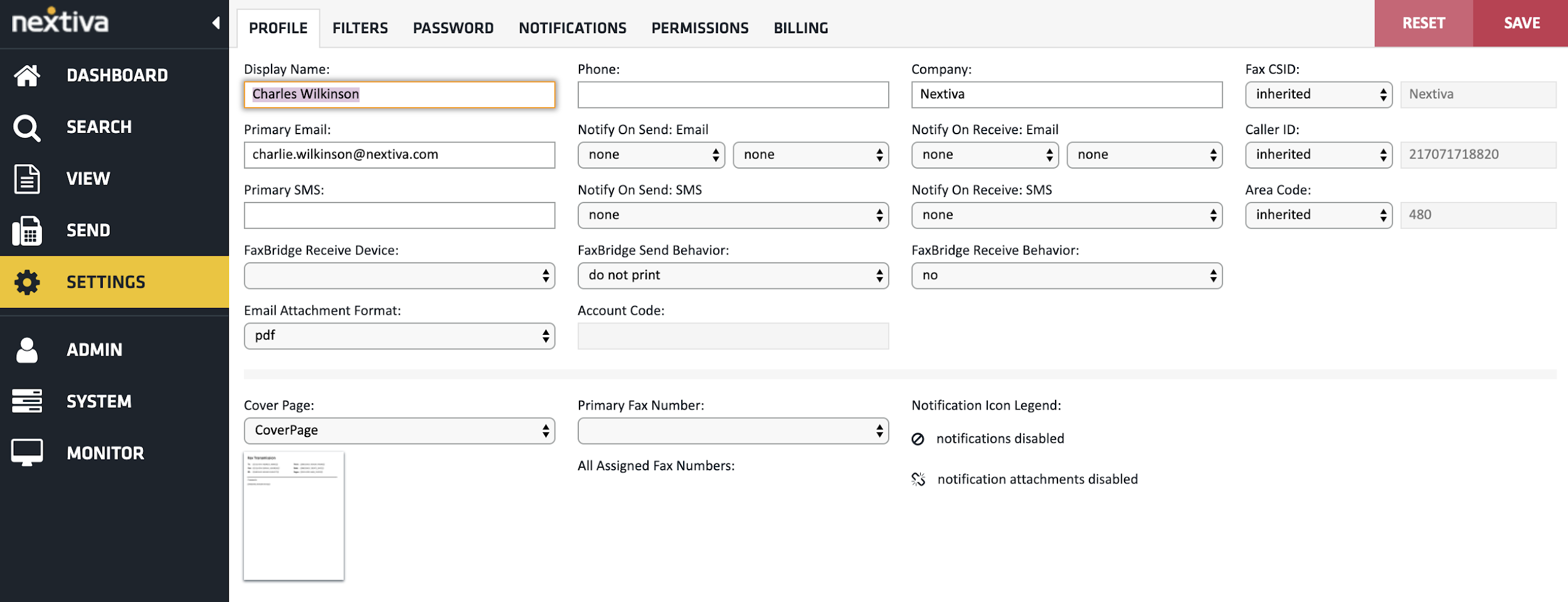 Screenshot of the account settings for sending and receiving faxes online.