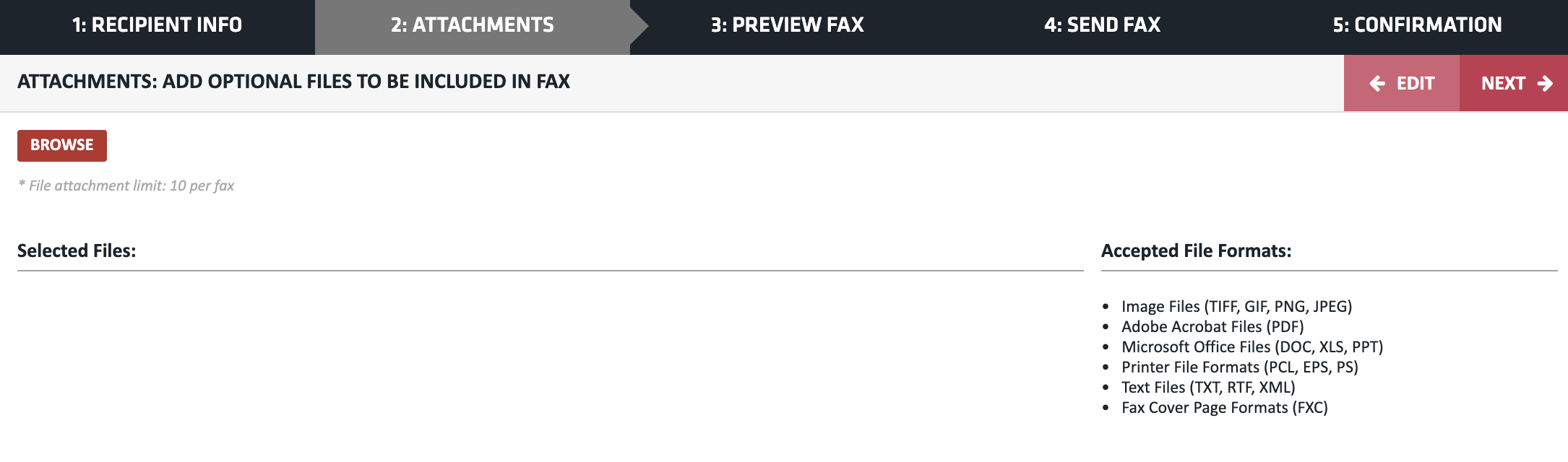 Screenshot of attaching documents and enclosures with a virtual fax software - Nextiva