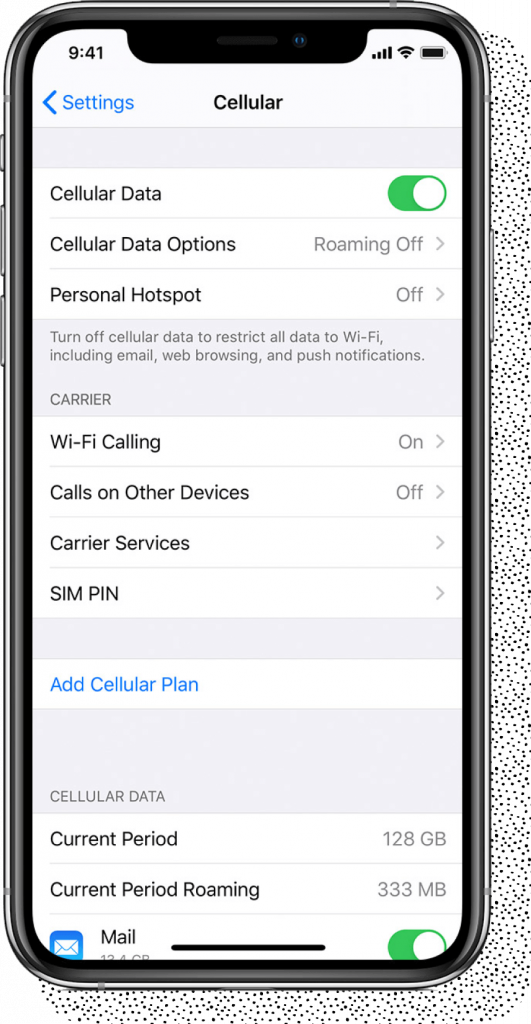 Screenshot of iPhone Cellular Data Settings