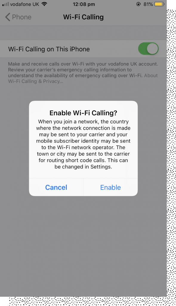 Screenshot of iPhone Wi-Fi Calling Prompt - Wi-Fi Calling