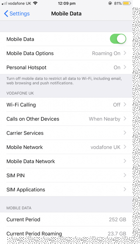 Screenshot of iPhone Mobile Data Settings - Wi-Fi Calling