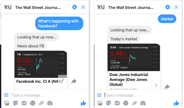 Example of the Wall Street Journal Chatbot on Facebook