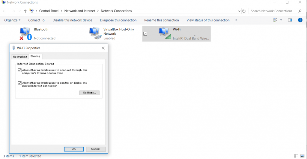 Screenshot of the Internet Connection Sharing settings on Windows