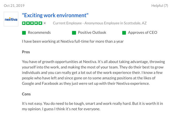 Nextiva Glassdoor Review - Exciting Work Environment