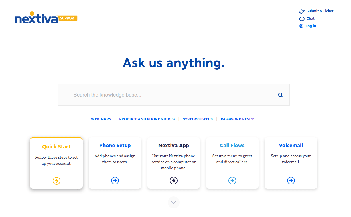 Screenshot of the Nextiva Support knowledgebase.