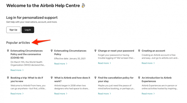 Screenshot of Airbnb's Help Center: an example of proactive customer service