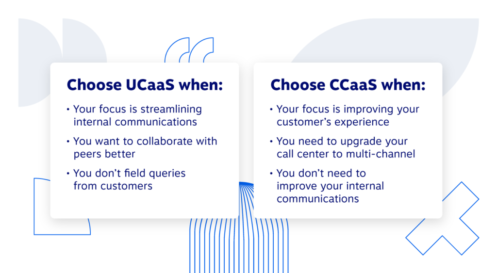 Choose UCaaS when your focus is streamlining internal communications, you want to collaborate with peer better, or you don't field customer queries. Choose CCaaS if your focus is improving your customer's experience, you need to update your call center to multi-channel, or you don't you need to improve your internal communications. 