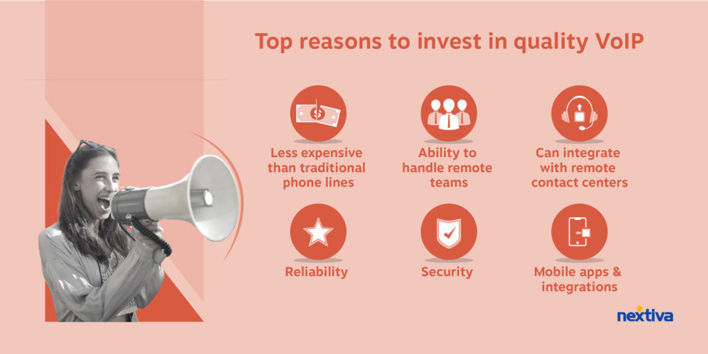 Top reasons to invest in quality VoIP
1. Less expensive than traditional phone lines
2. Ability to handle remote teams
3. Can integrate with remote contact centers
4. Reliability 
5. Security 
6. Mobile apps & integrations