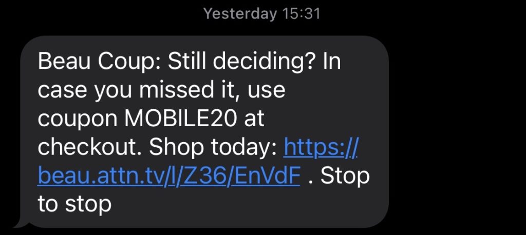 example of SMS abandoned cart reminder