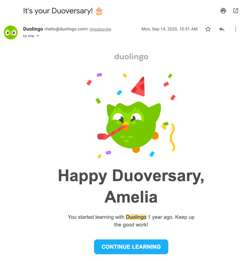 example of anniversary email from Duolingo