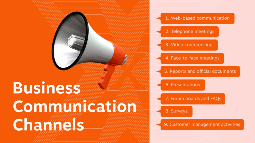 business communication channels - web-based, telephone meetings, video conferencing, face-to-face meetings, reports and official documents, presentations, forum boards and FAQs, surveys, customer management activities