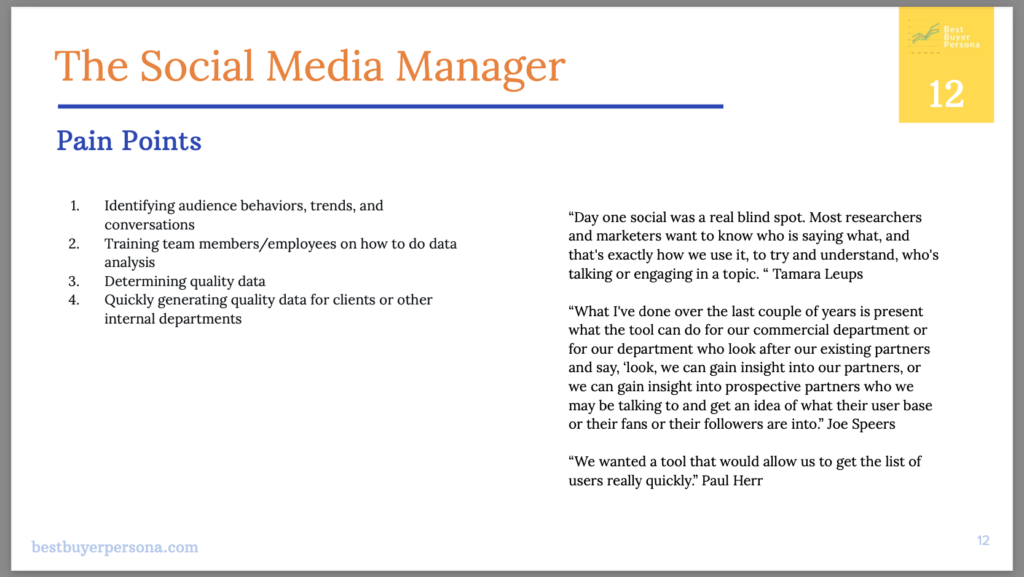 social media manager persona. Data-backed definitions and direct customer quotes will help your buyer persona drive your customer experience efforts.