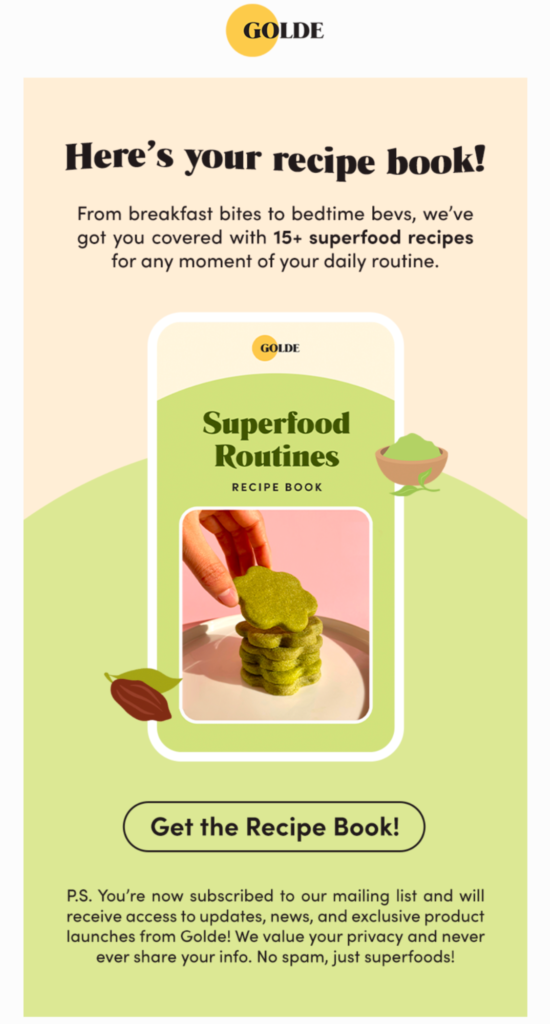 value-added email example from Golde, showing a recipe book download