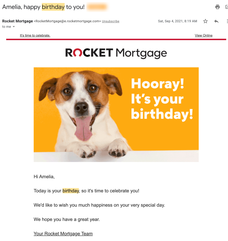 example of happy birthday email from Rocket Mortgage