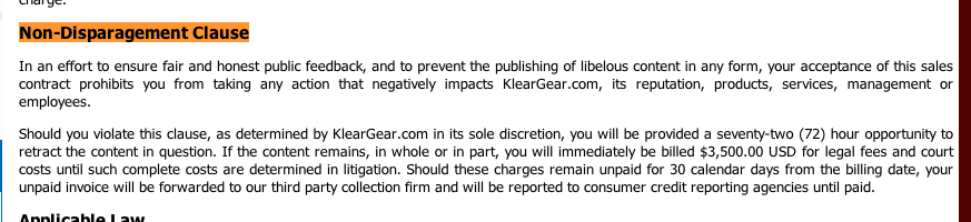 Non-Disparagement Clause in KlearGear's customer terms. 