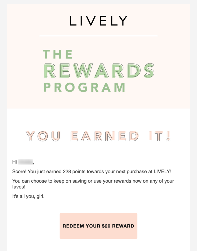 example of loyalty points email from Lively