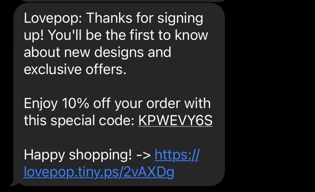Lovepop welcome SMS with coupon code