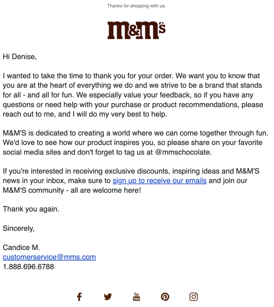example of a thank you email from m&m including CTAs