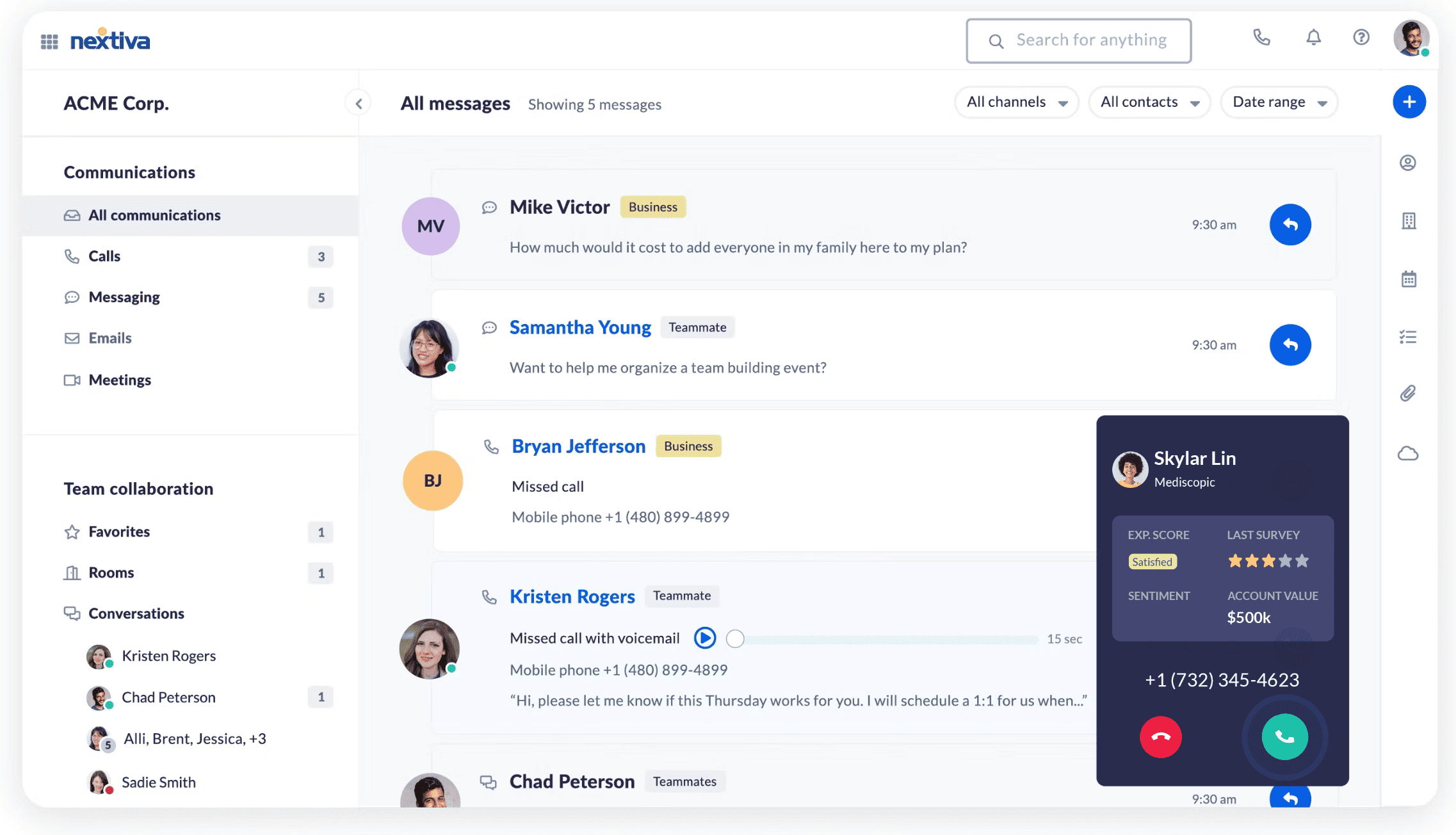 Nextiva product screenshot - unified communications platform for small, mid-market, and enterprise companies. 
