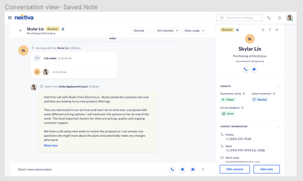 screenshot of Nextiva's Notes of Calls features